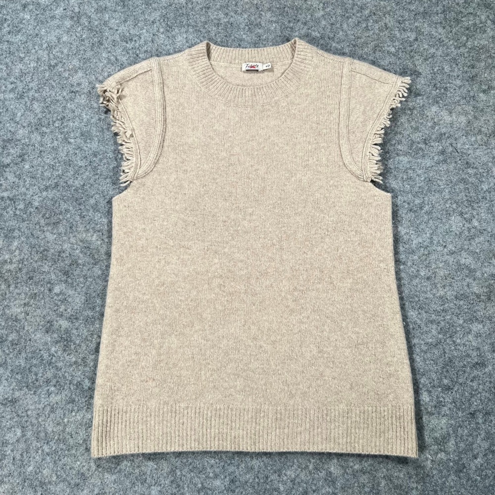 Faherty Top Womens M Tan Yak Merino Wool Knit Shell Sweater Vest Fringe Trim
